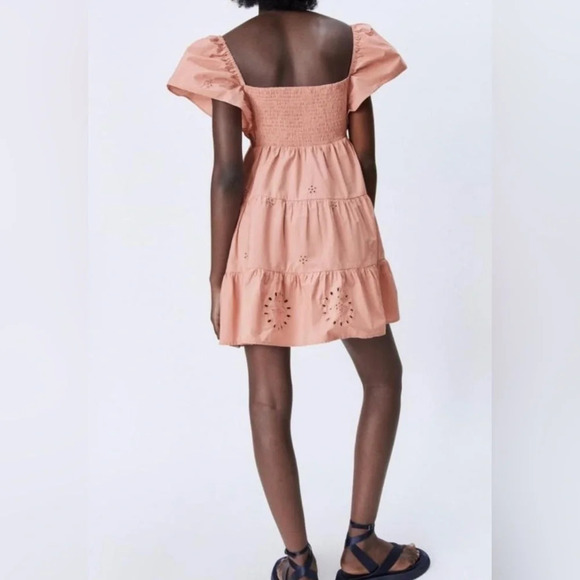 ZARA Blush Pink Mini Sundress Cutwork Embroidery Size Small Preppy Summer - Picture 5 of 6